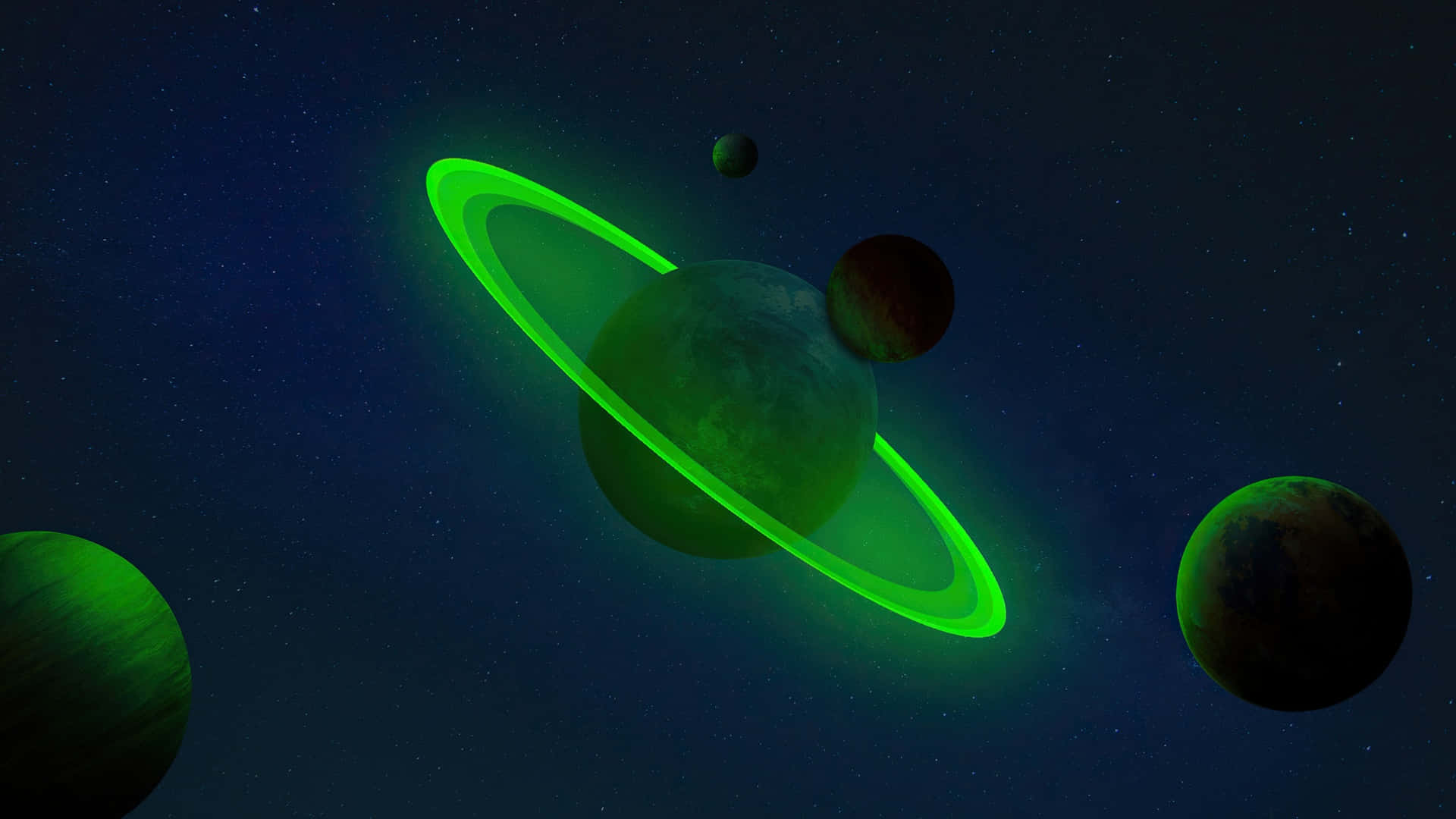  壁紙 — 一顆發光的綠色環狀行星漂浮在黑暗的星星之間，較小的行星在宇宙夜景中環繞運行。