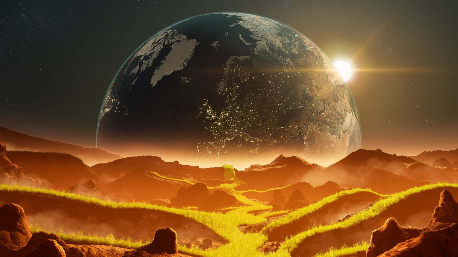  壁紙 — 一顆發光的太陽在岩石密布的外星景觀上升起，充滿活力的綠色草地，地球在星空下顯得巨大。
