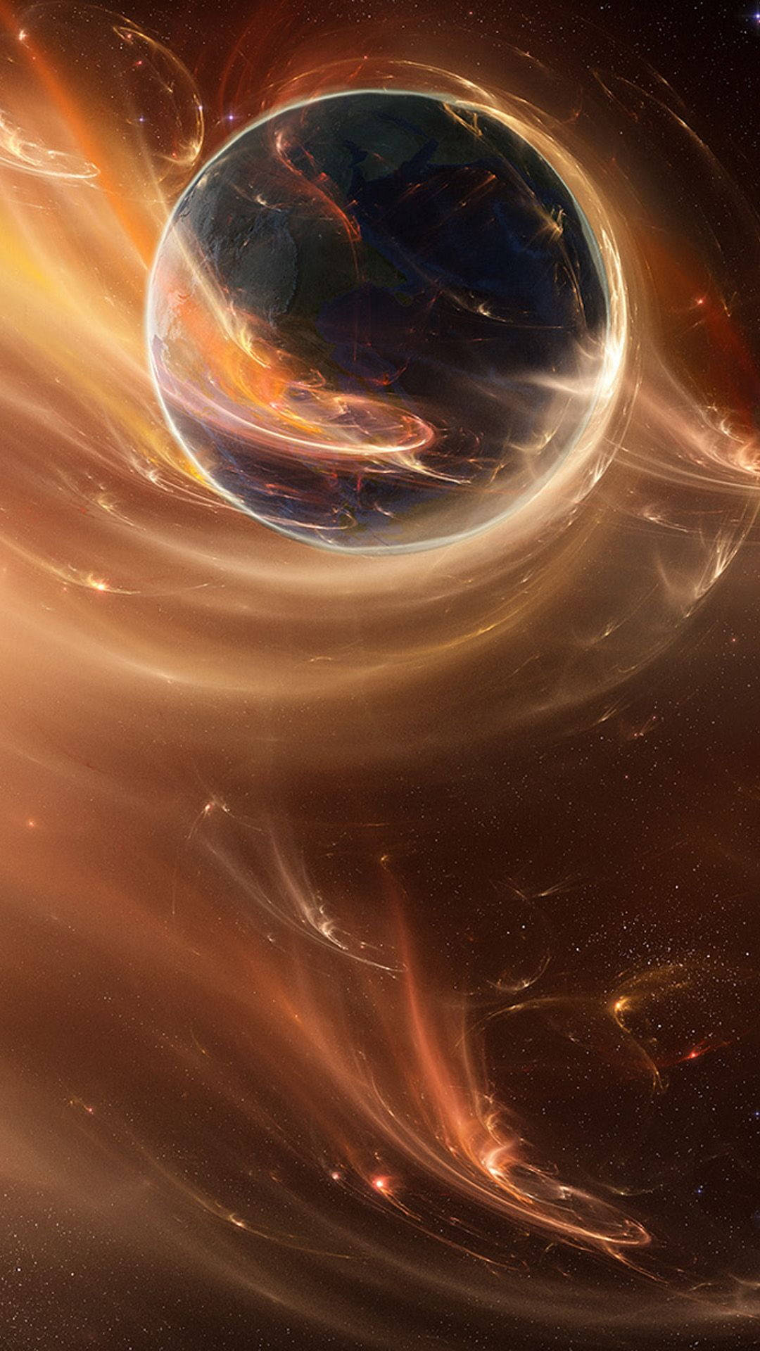 一顆發光的行星被旋轉的宇宙塵埃和熾熱星雲包圍。