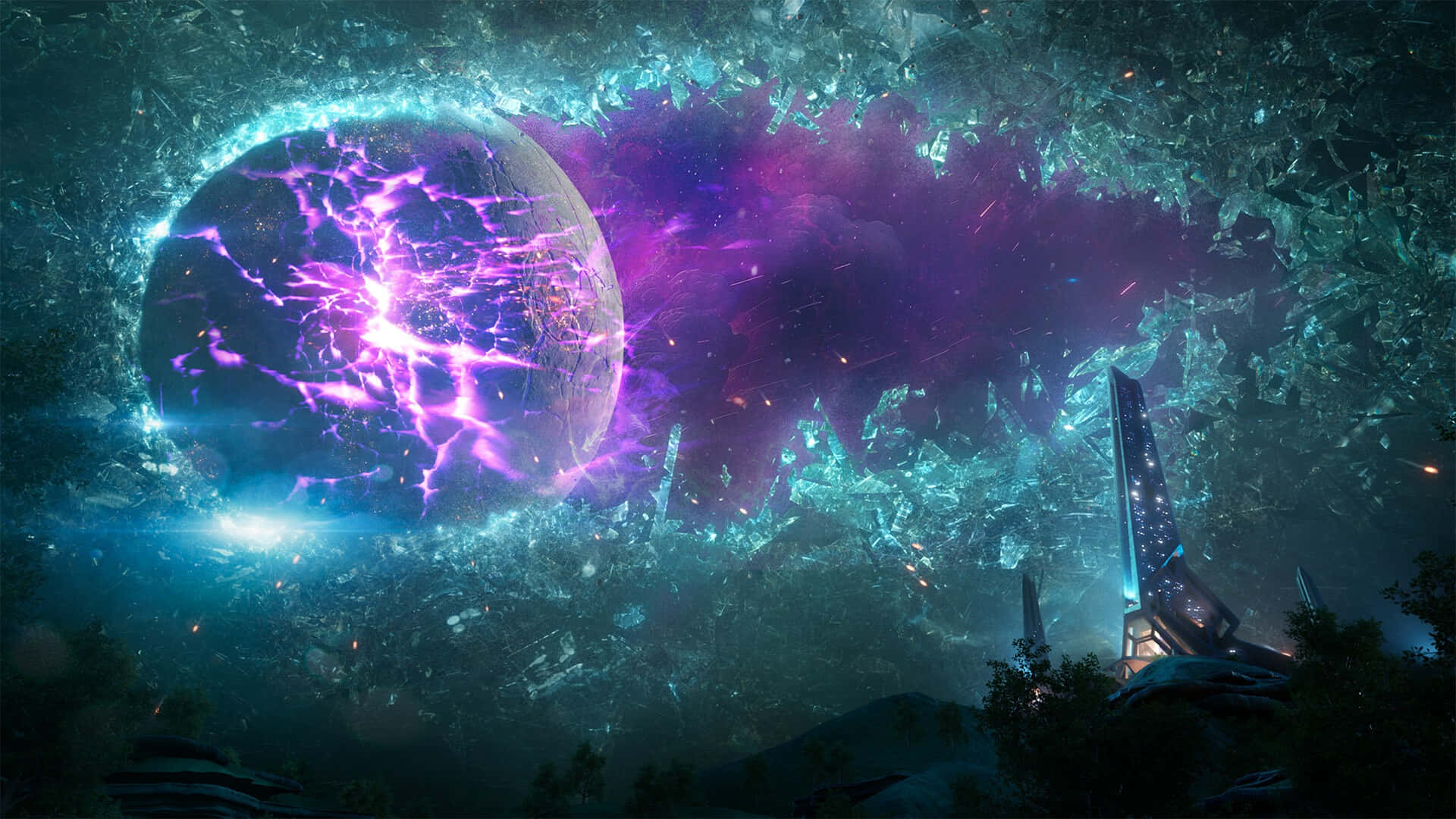  壁紙 — 一顆發光紫色閃電行星漂浮在水晶太空結構中，下方有一座未來主義塔樓。