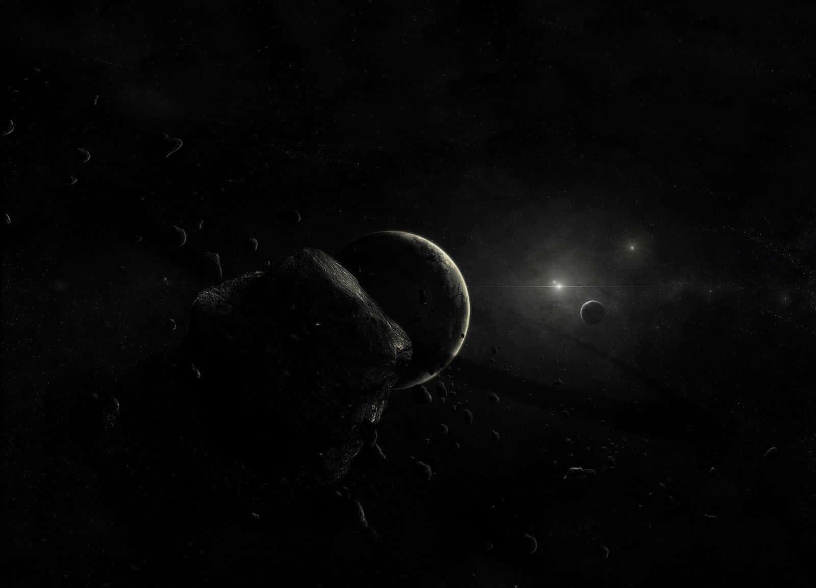 一顆巨大的小行星漂浮在深空，靠近遙遠的行星和一顆明亮的恆星。