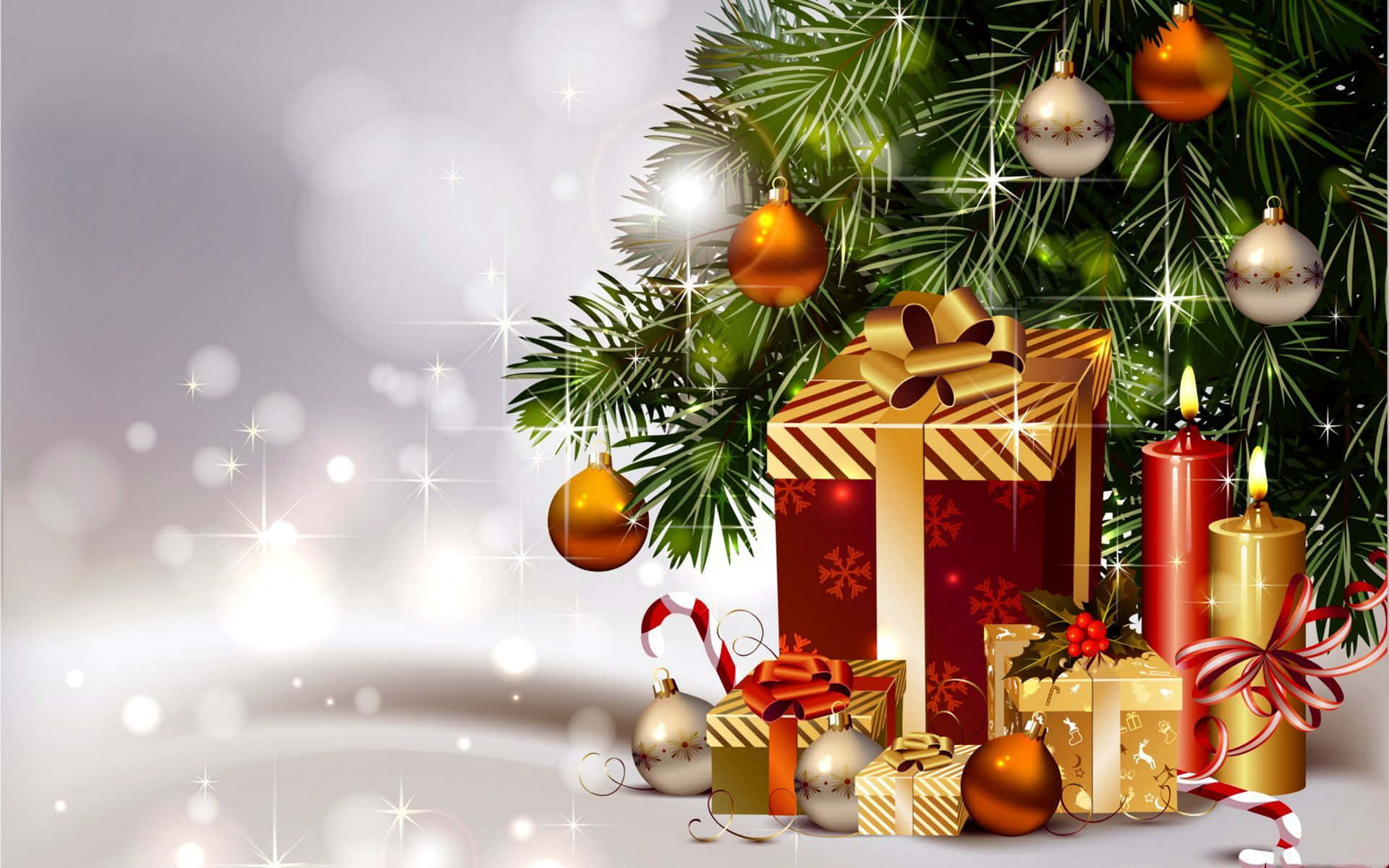 3d Christmas 桌布 壁紙 — 一棵節日聖誕樹，飾有金色和銀色裝飾品，在閃爍燈光下擺放著禮物。