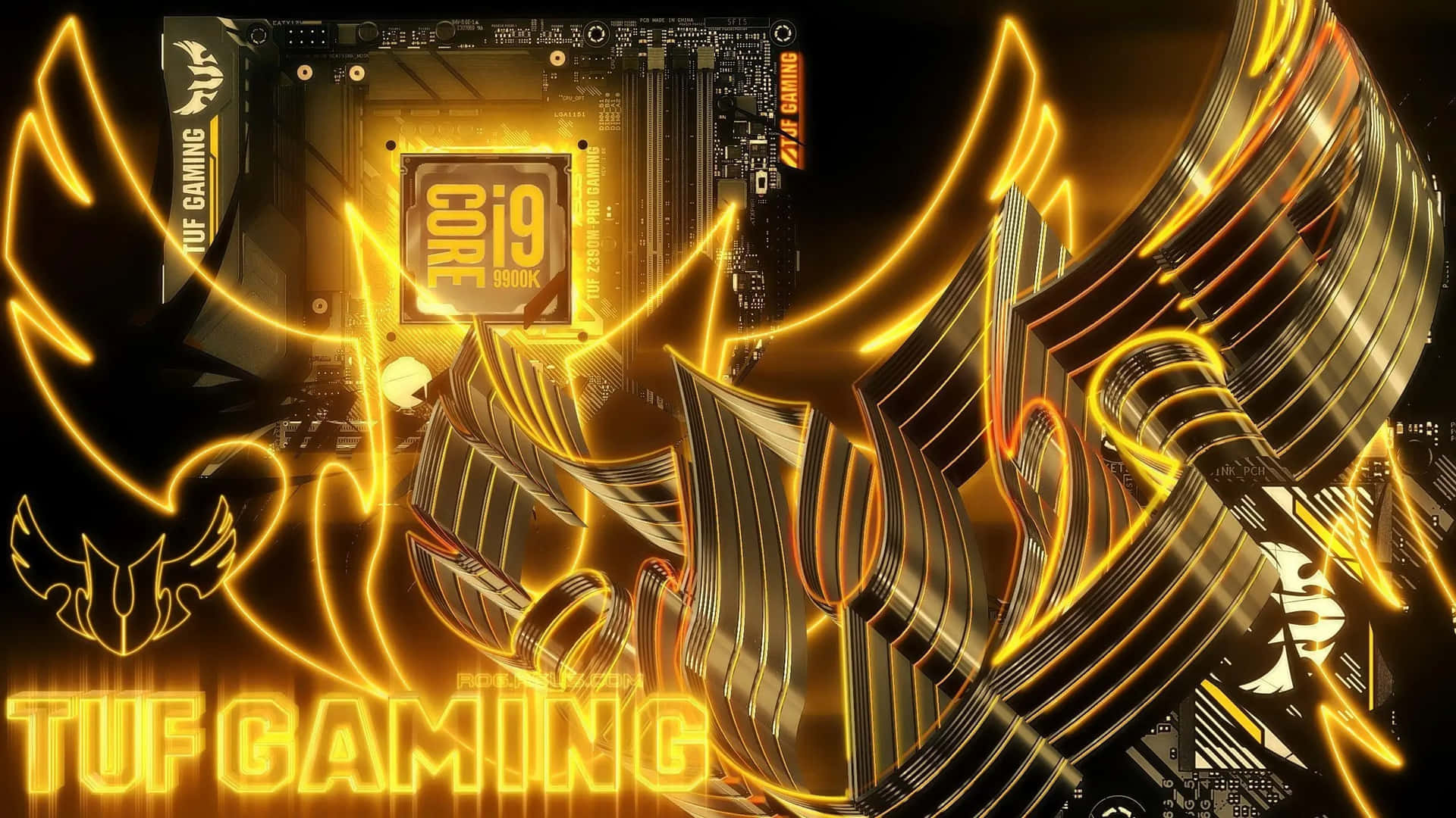  壁紙 — 一塊TUF Gaming主機板上，閃爍著金色光芒的Intel Core i9 9900K處理器，被火焰般的霓虹翅膀和電路包圍。