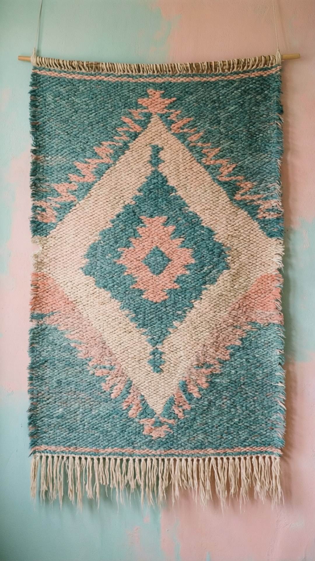 Boho Pastel 桌布 壁紙 — 一塊手織紡織品，帶有青綠色和蜜桃色幾何圖案，掛在粉藍色和粉紅色的柔和牆上。
