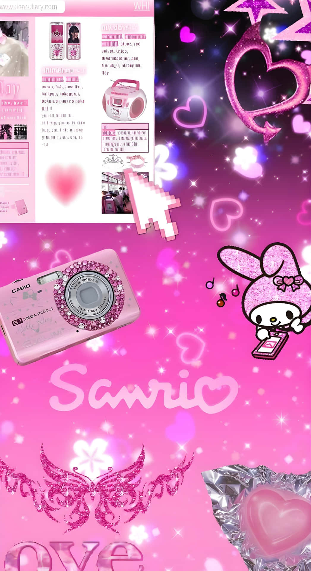  壁紙 — 一款閃閃發光的粉紅色壁紙，以My Melody、鑲鑽相機、心形和閃光為特色，背景是充滿活力的宇宙背景。