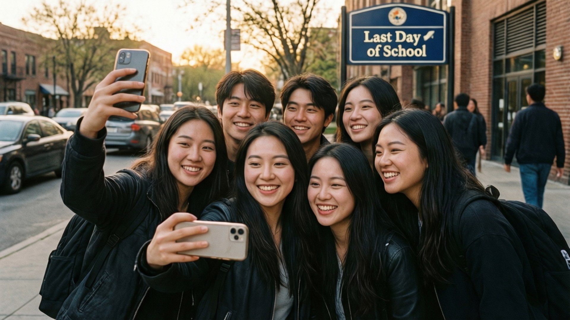學生們在陽光明媚的街道上以團體自拍慶祝學期最後一天。