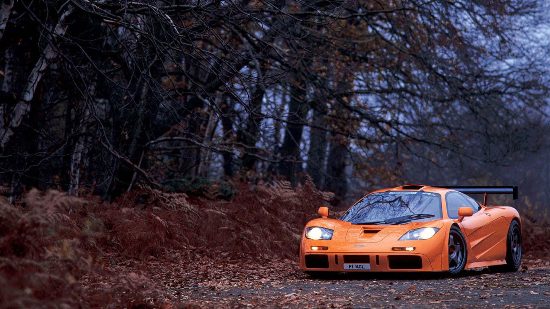 Mclaren F1 桌布 壁紙 — 一輛充滿活力的橙色McLaren F1跑車在黃昏時停泊在森林小徑上，周圍是光禿的樹木和蕨類植物。