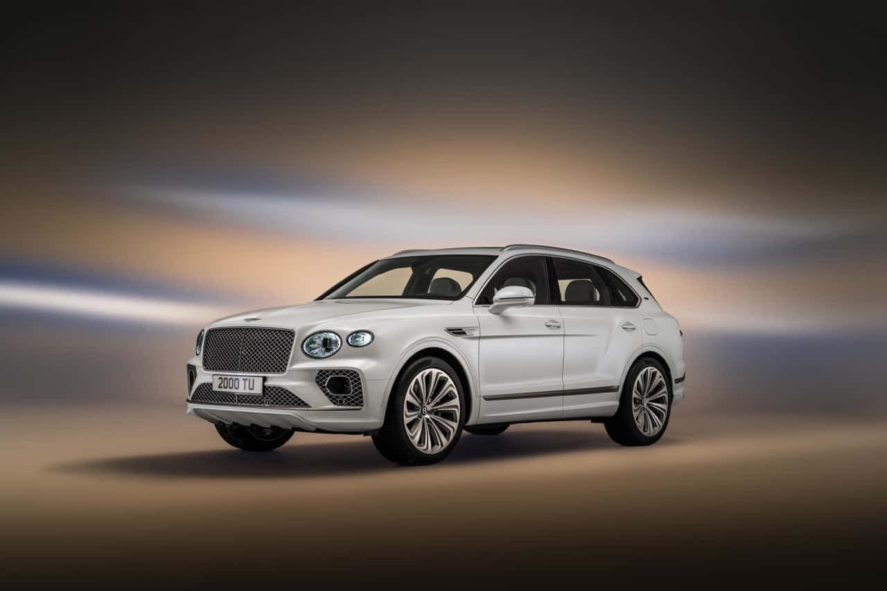 Bentley Bentayga 桌布 壁紙 — 一輛純白色的賓利Bentayga SUV在模糊的金色工作室背景中滑行，光線條紋凸顯其奢華設計。