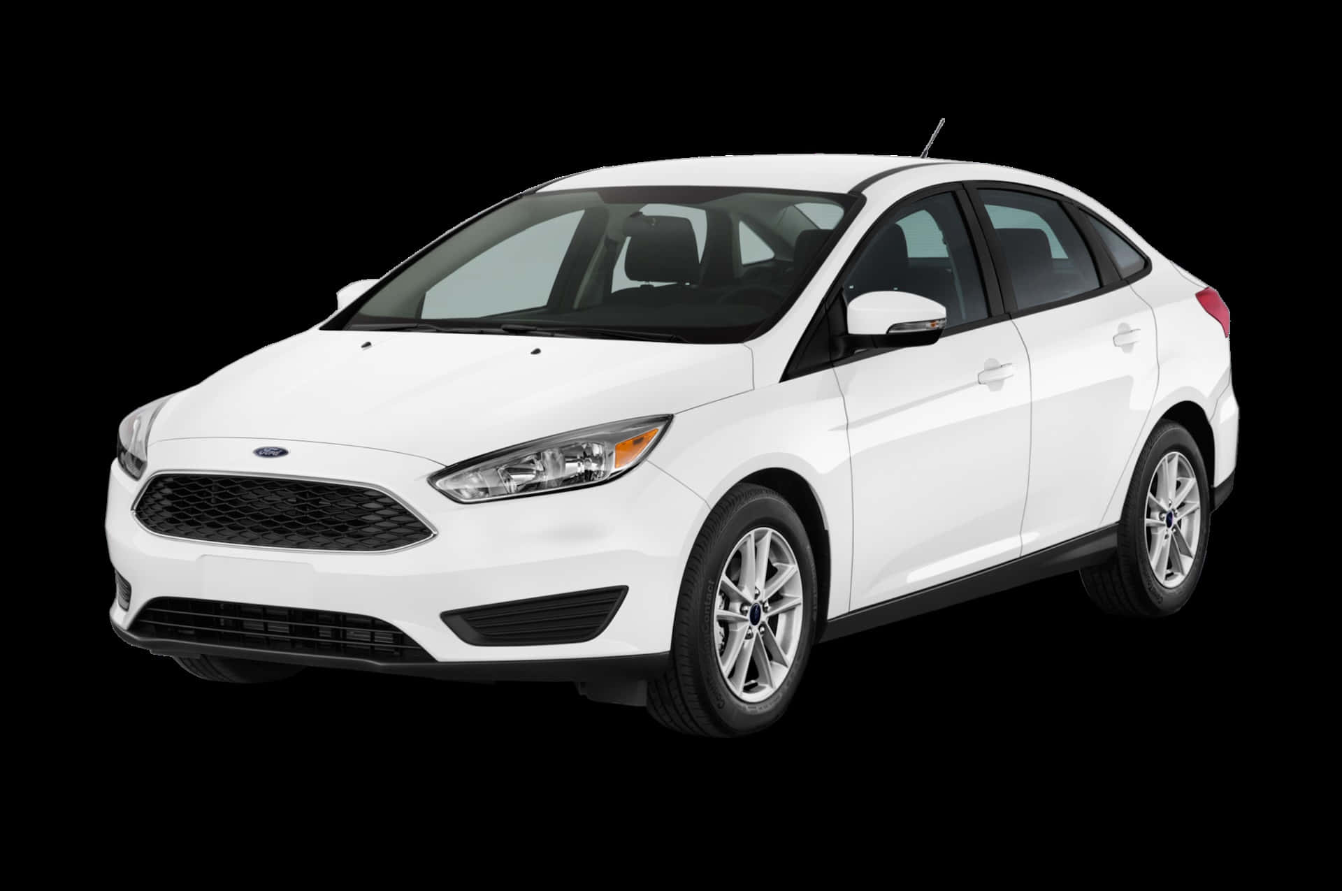Ford Focus 桌布 壁紙 — 一輛純白色的福特福克斯轎車在純黑色背景上以乾淨的攝影棚燈光展示。