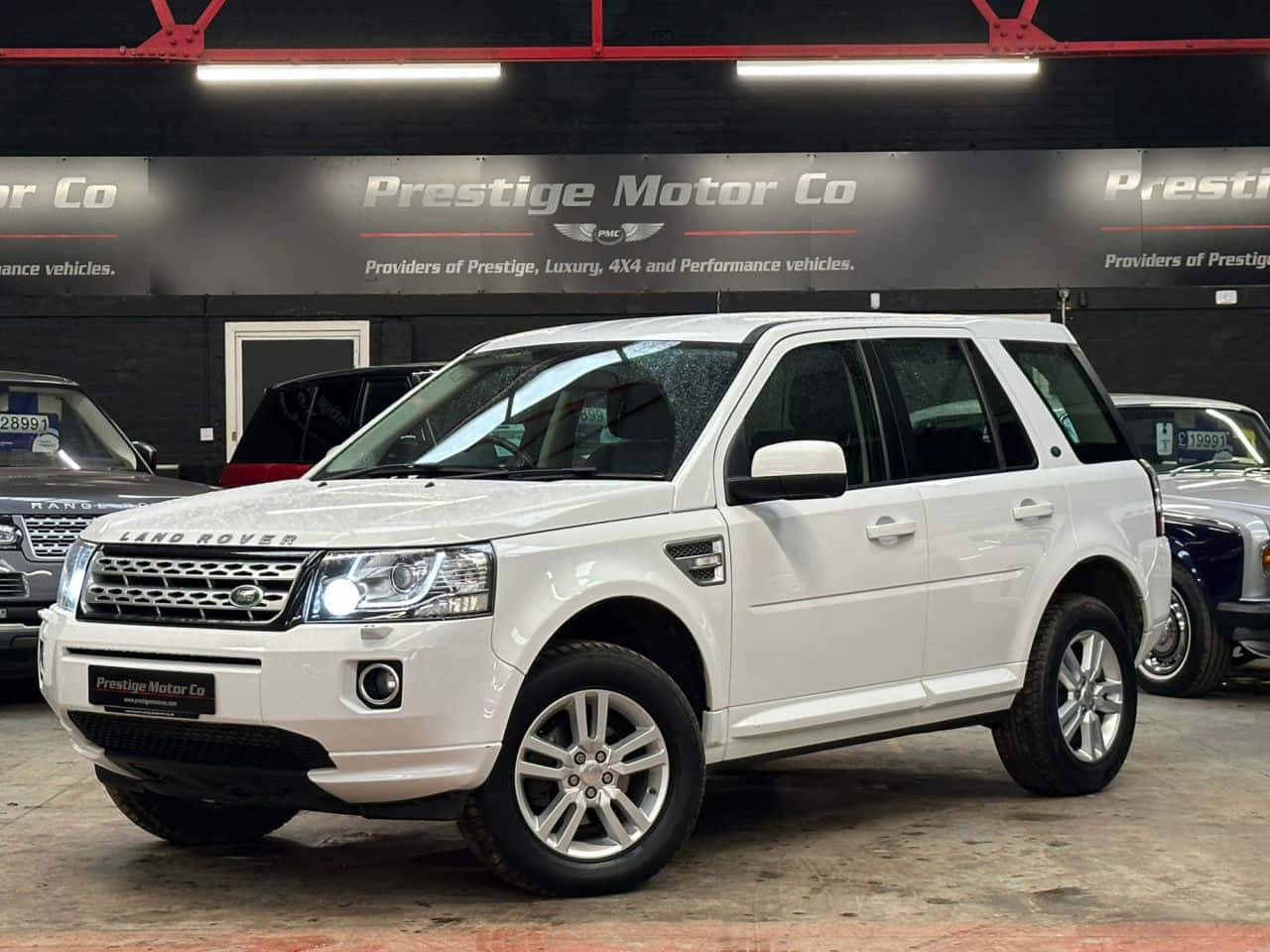 Land Rover Freelander 桌布 壁紙 — 一輛純白色的Land Rover Freelander SUV在豪華車經銷商的明亮展廳燈光下閃閃發光。