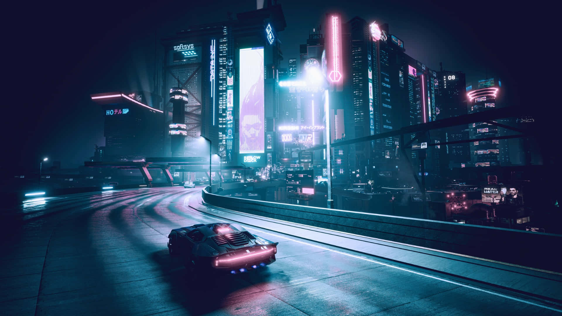 壁紙 — 一輛發光的賽博朋克跑車在夜晚穿過霓虹燈閃爍的未來城市景觀。