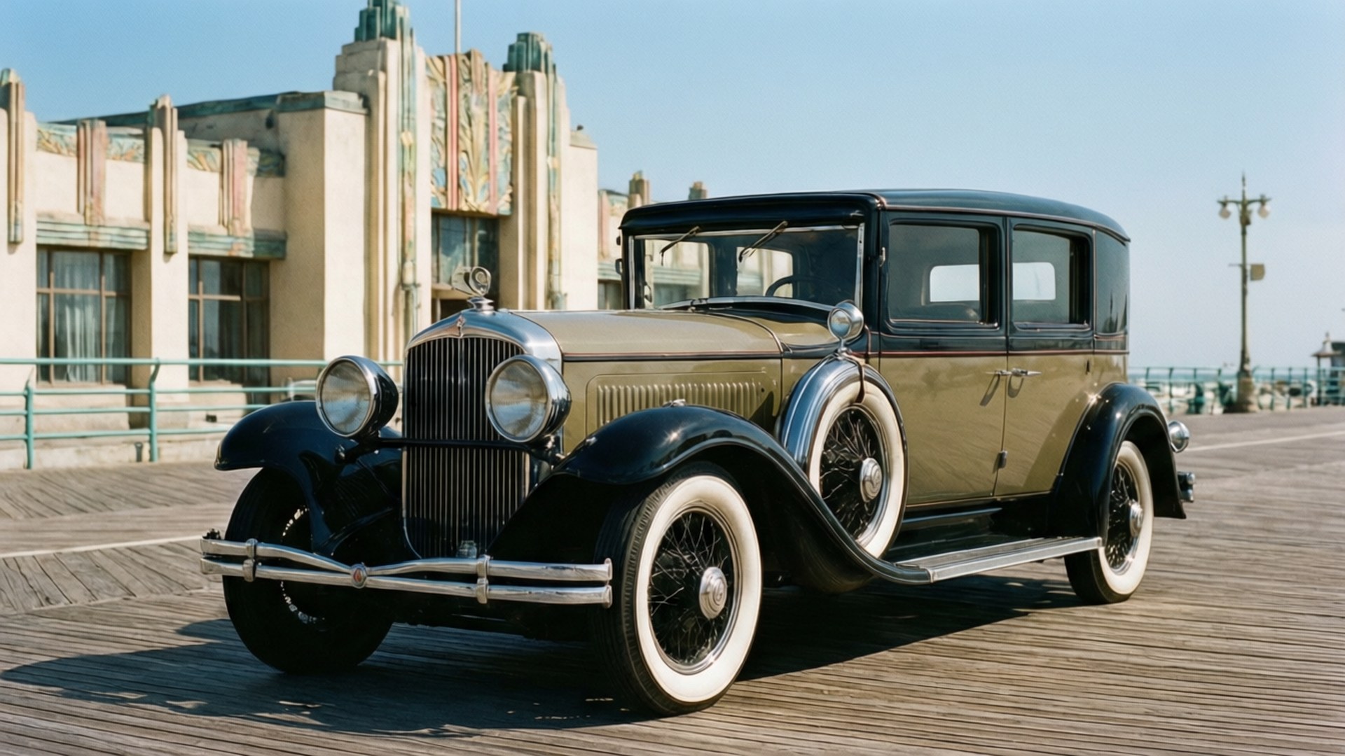 經典1930年代汽車在陽光普照的海濱長廊旁，靠近裝飾藝術風格建築