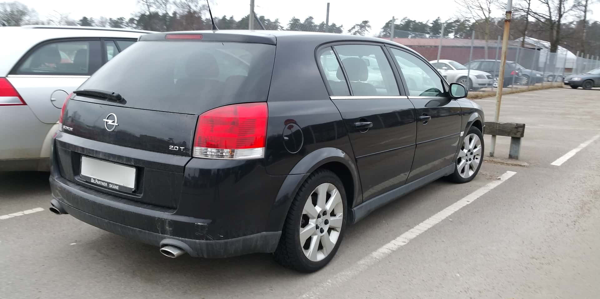 Opel Signum 桌布 壁紙 — 一輛黑色歐寶雅特運動旅行車停放在戶外停車場，背景有其他汽車和光禿禿的樹木。