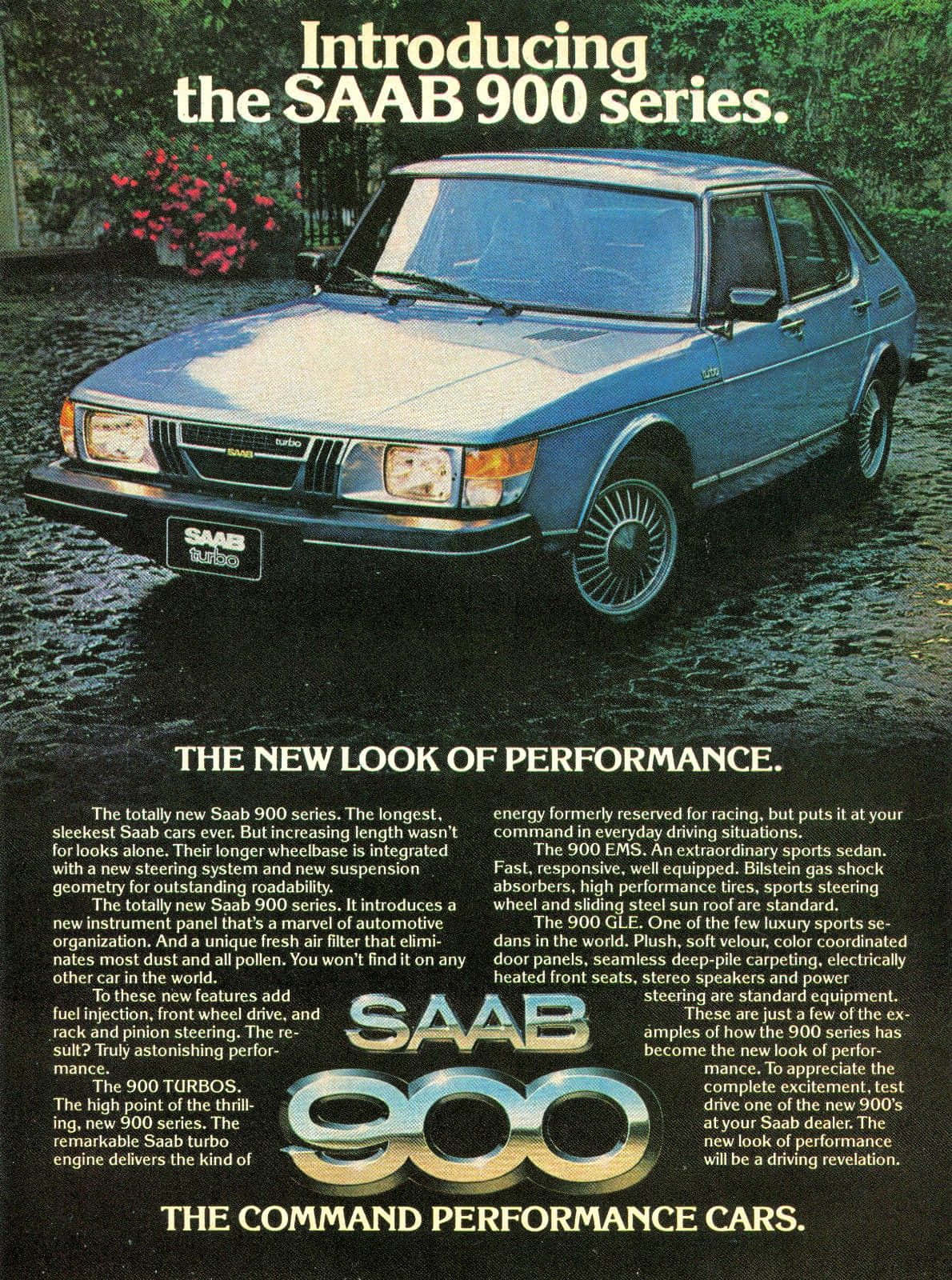 Saab 99 桌布 壁紙 — 一輛經典的Saab 900轎車在日光下於茂盛的花園環境中閃耀，並以粗體文字宣傳其性能特點。