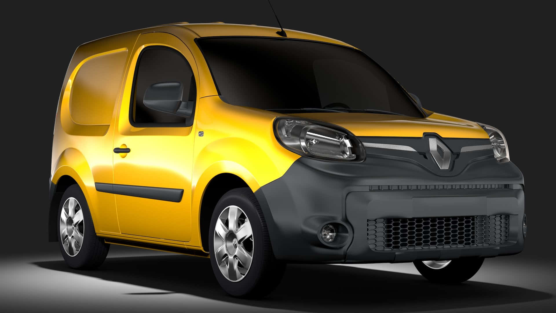 Renault Kangoo 桌布 壁紙 — 一輛亮黃色雷諾Kangoo客貨車帶黑色飾邊，在深色背景下的攝影棚照片中展示。