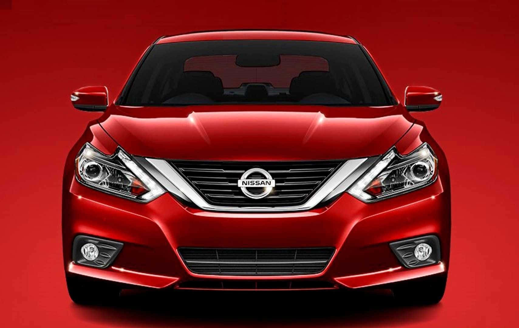 Nissan Altima 桌布 壁紙 — 一輛亮面紅色日產房車正面朝前，在純紅色攝影棚背景上，光線銳利。