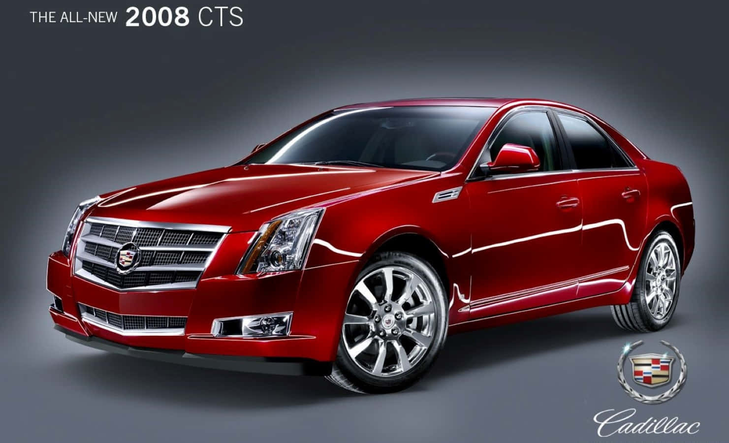 Cadillac Cts 桌布 壁紙 — 一輛閃亮的紅色2008年凱迪拉克CTS轎車在攝影棚中展示，戲劇性的燈光凸顯其流暢曲線和鍍鉻飾邊。