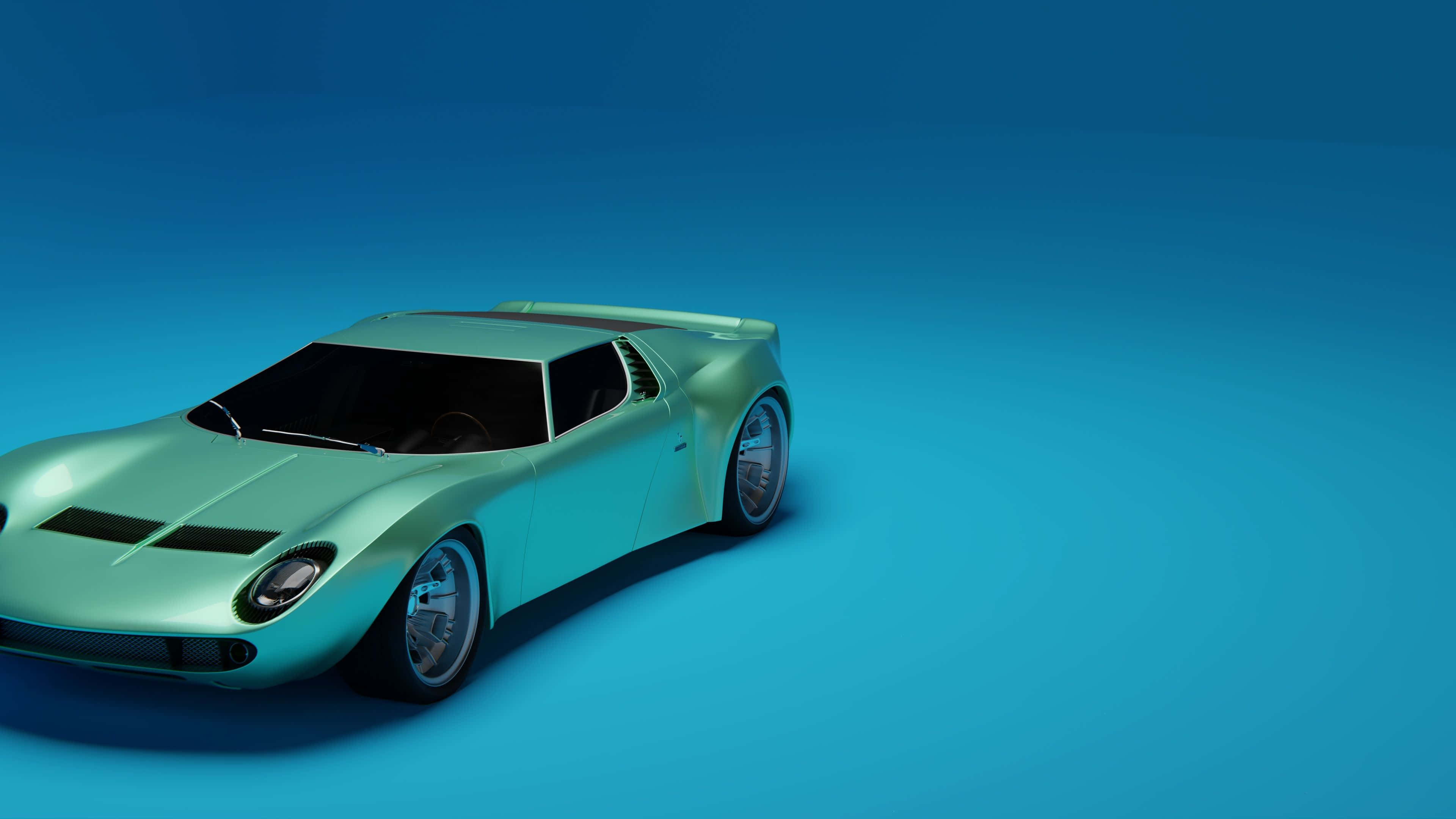 Lamborghini Miura 桌布 壁紙 — 一輛時尚的薄荷綠色經典跑車在冷藍色工作室燈光下閃耀，背景簡約。
