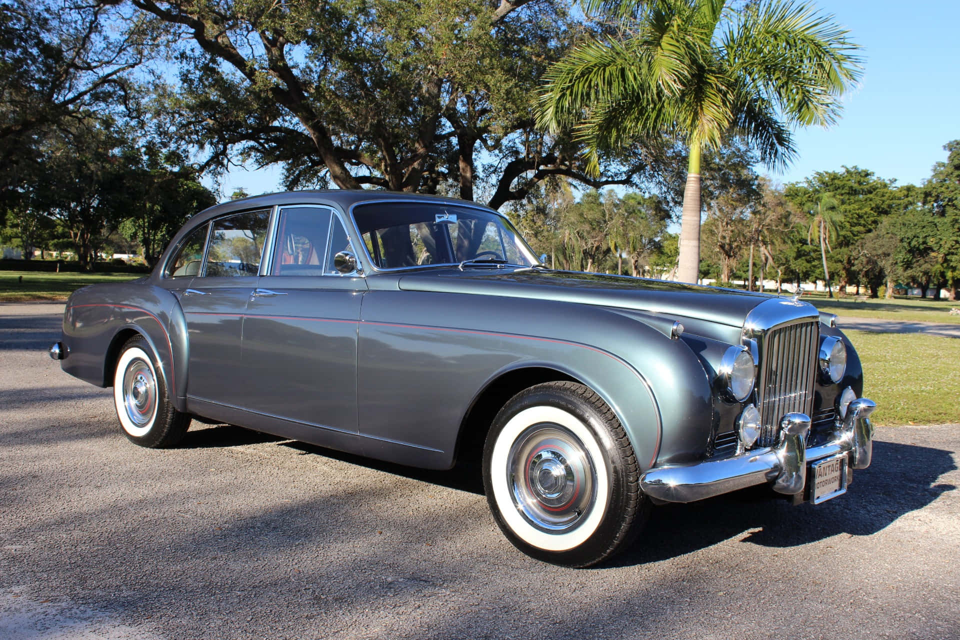 Bentley S2 桌布 壁紙 — 一輛時尚的復古銀色轎車配備白色側壁輪胎，在明亮的陽光下閃閃發光，停在棕櫚樹和茂盛綠草旁的瀝青路上。