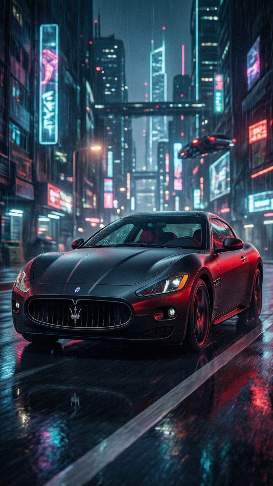 Maserati Granturismo 桌布 壁紙 — 一輛時尚的黑色瑪莎拉蒂跑車在夜晚穿過濕漉漉的霓虹燈閃爍的賽博朋克城市街道。