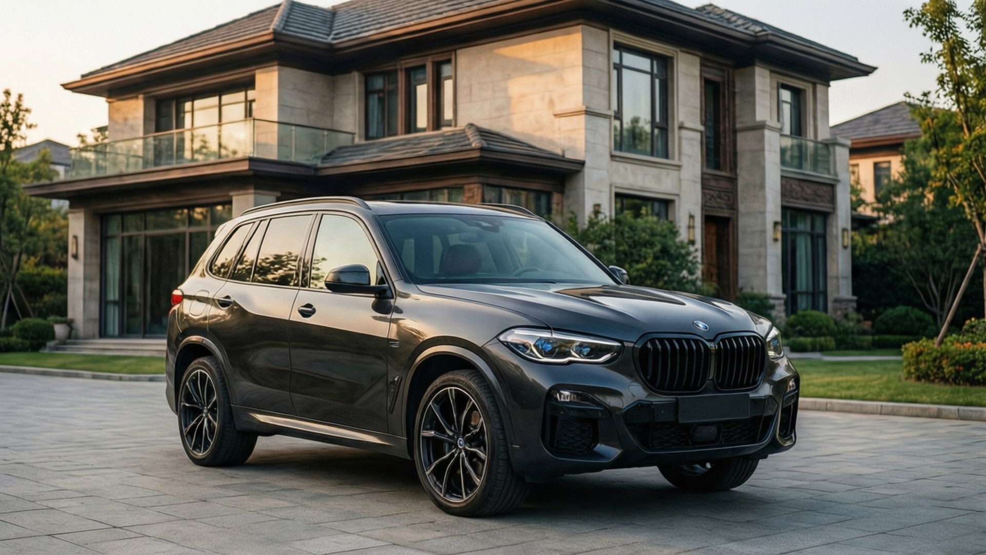 黃昏時分，一輛深灰色BMW SUV停泊在現代豪華住宅前。