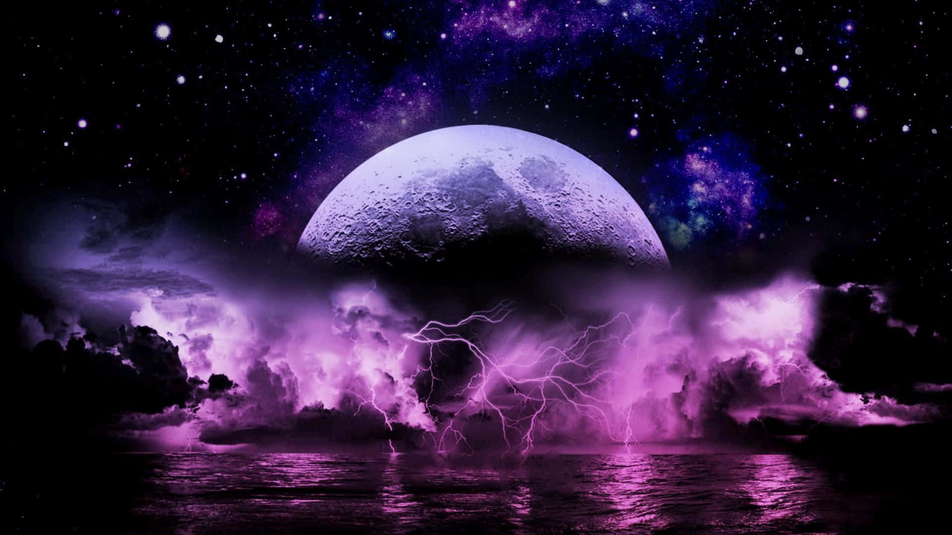 紫色閃電劃過月光下的海面，星空之下。