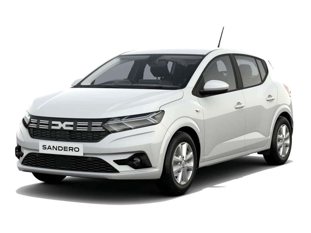 從前側四分之三角度觀看的白色Dacia Sandero緊湊型掀背車。 — 美學白色動態圖 壁紙
