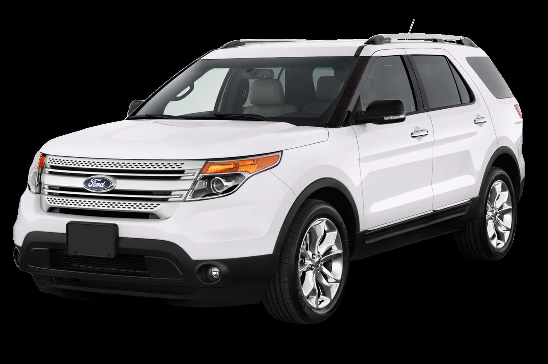 Ford Explorer 桌布 壁紙 — 一輛純白色的福特Explorer SUV在純黑背景下展示，銳利的燈光突顯其流暢線條和鍍鉻裝飾。