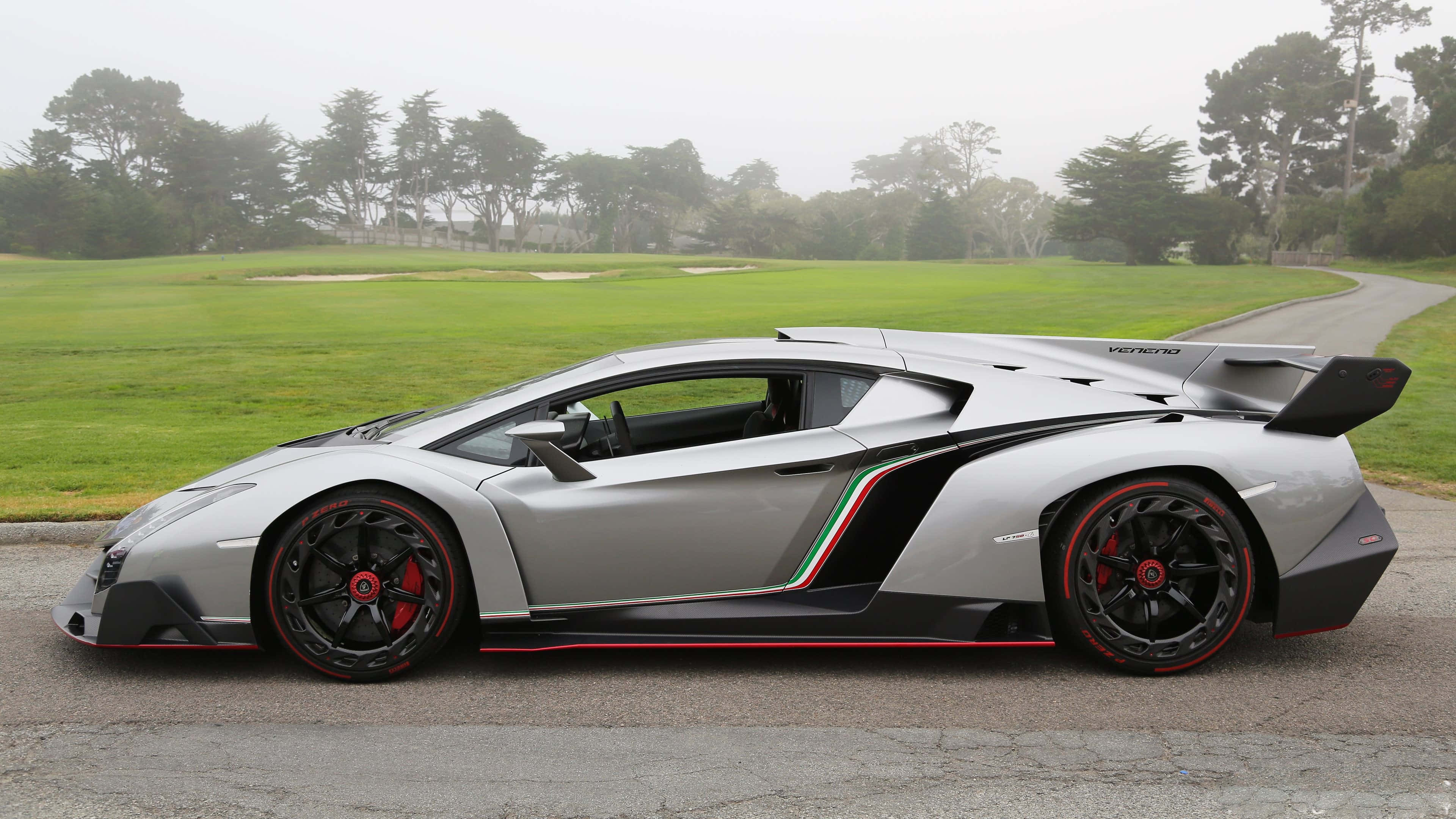 Lamborghini Veneno 桌布 壁紙 — 一輛帶有紅色點綴的銀色林寶堅尼Veneno停泊在霧氣瀰漫的高爾夫球場道路上，旁邊是翠綠的球道。