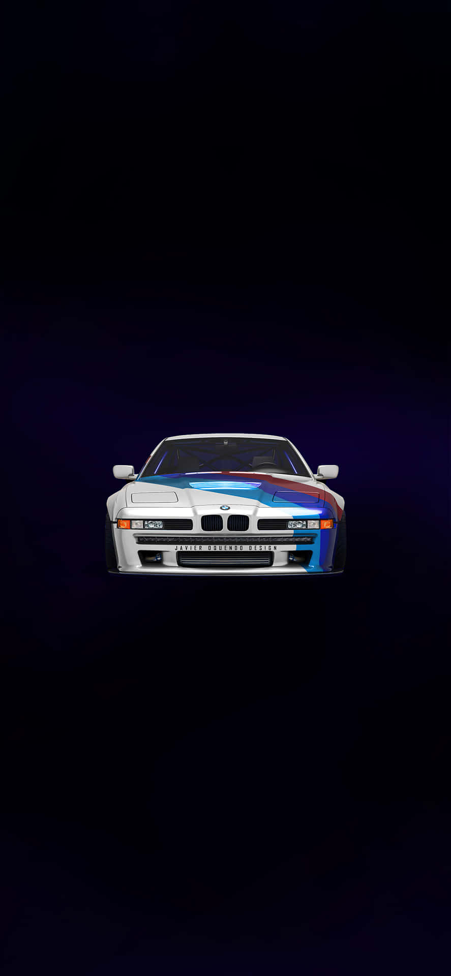 白色BMW M1藍紅條紋深色漸變背景