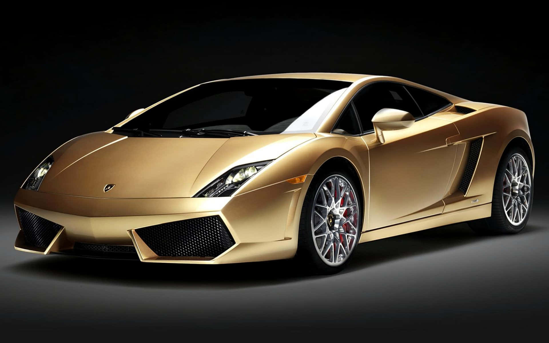 Lamborghini Gallardo 桌布 壁紙 — 一輛閃亮的金色林寶堅尼Gallardo跑車，配備紅色制動卡鉗，在深色工作室背景下展示。