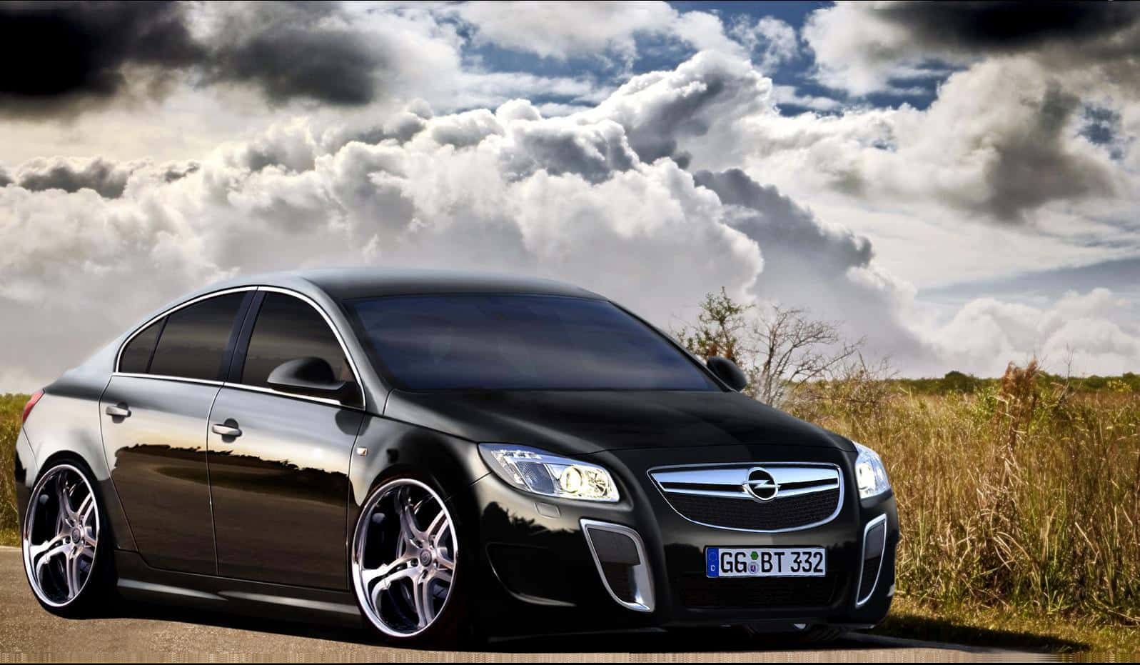 Opel Insignia 桌布 壁紙 — 一輛時尚的黑色歐寶Insignia停泊在路邊，背景是戲劇性的多雲天空和金色草叢。