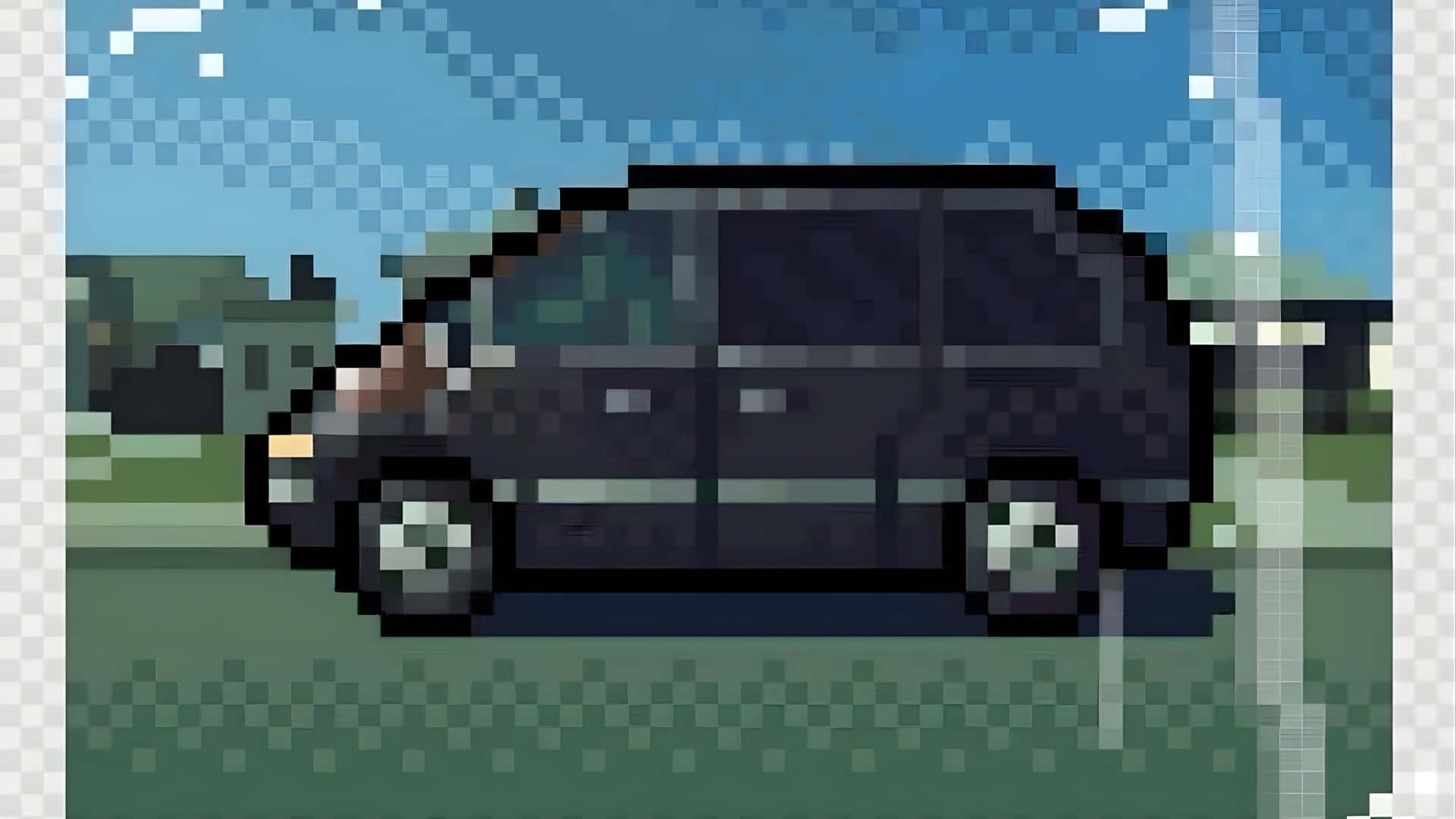  壁紙 — 一輛像素化的黑色汽車在藍天白雲下的綠色道路上行駛。