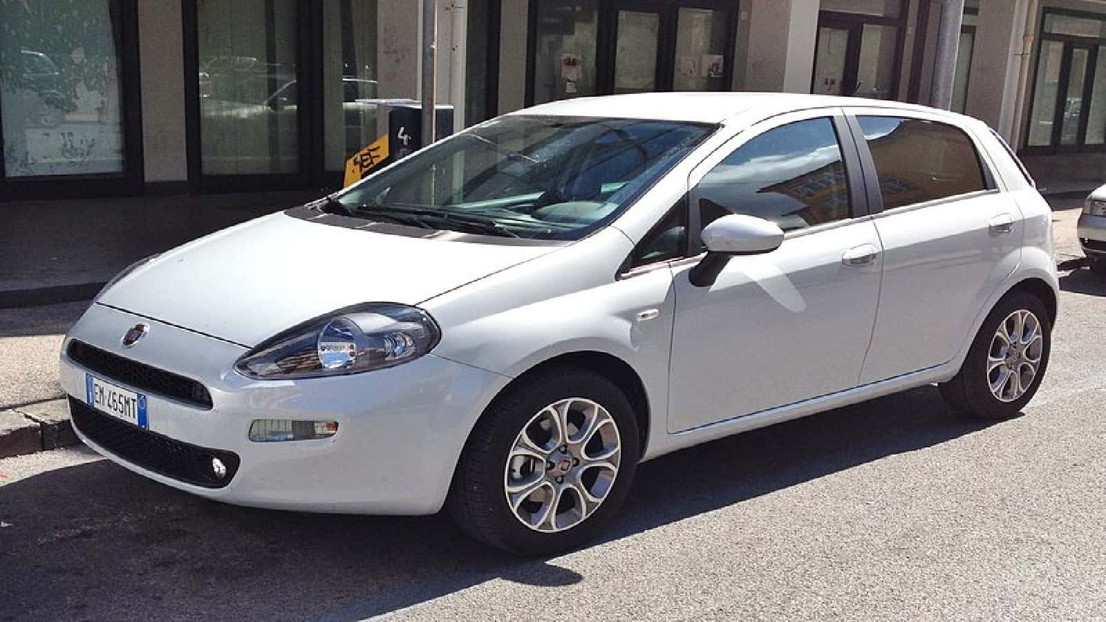 Fiat Punto 桌布 壁紙 — 一輛純白色的Fiat Punto停泊在陽光普照的市區街道上，背景是現代建築。