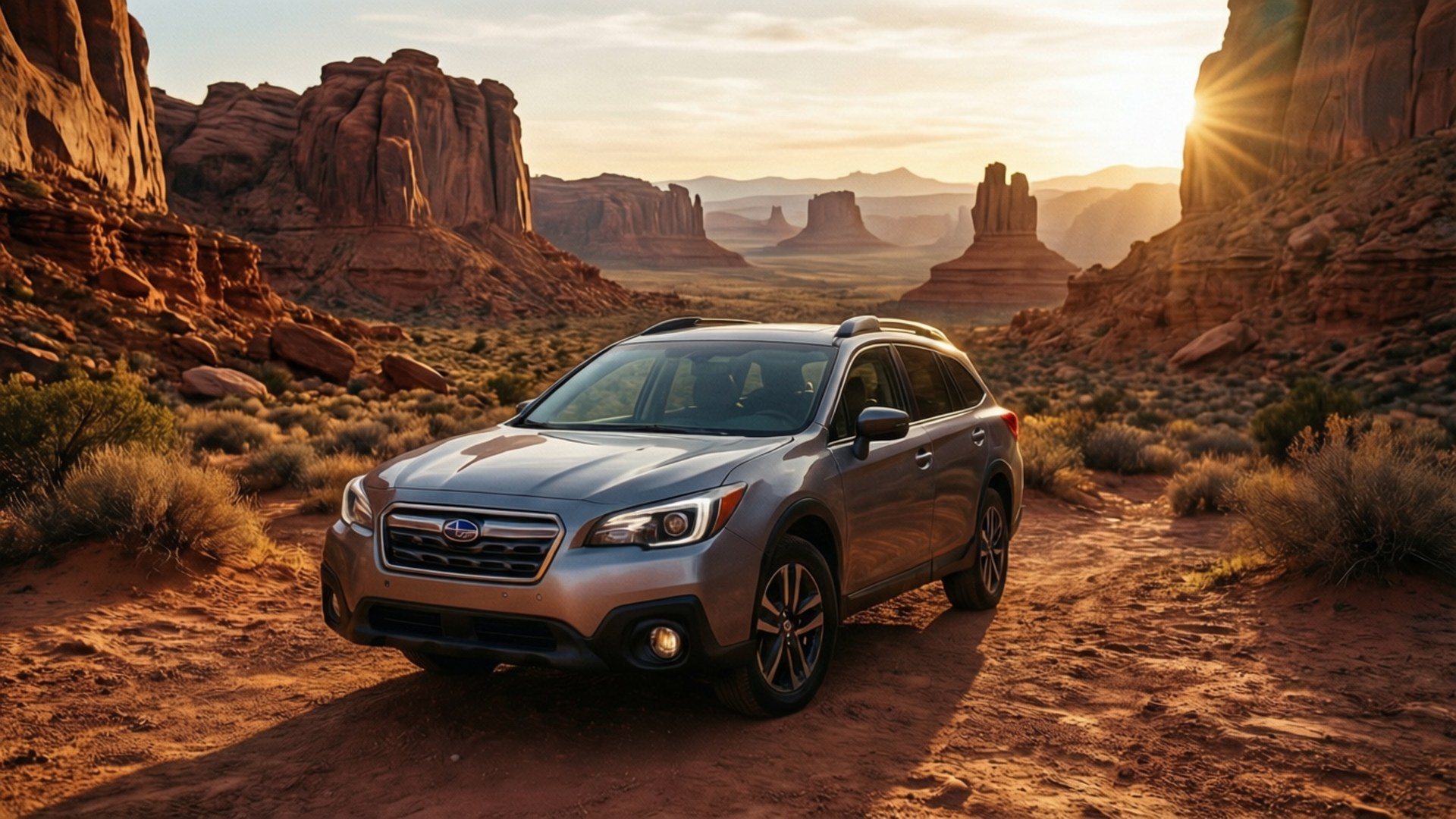 Subaru Outback 桌布 壁紙 — 一輛銀色Subaru SUV停泊在紅岩峽谷的塵土小徑上，正值黃金時刻，陽光從懸崖間穿透而出。