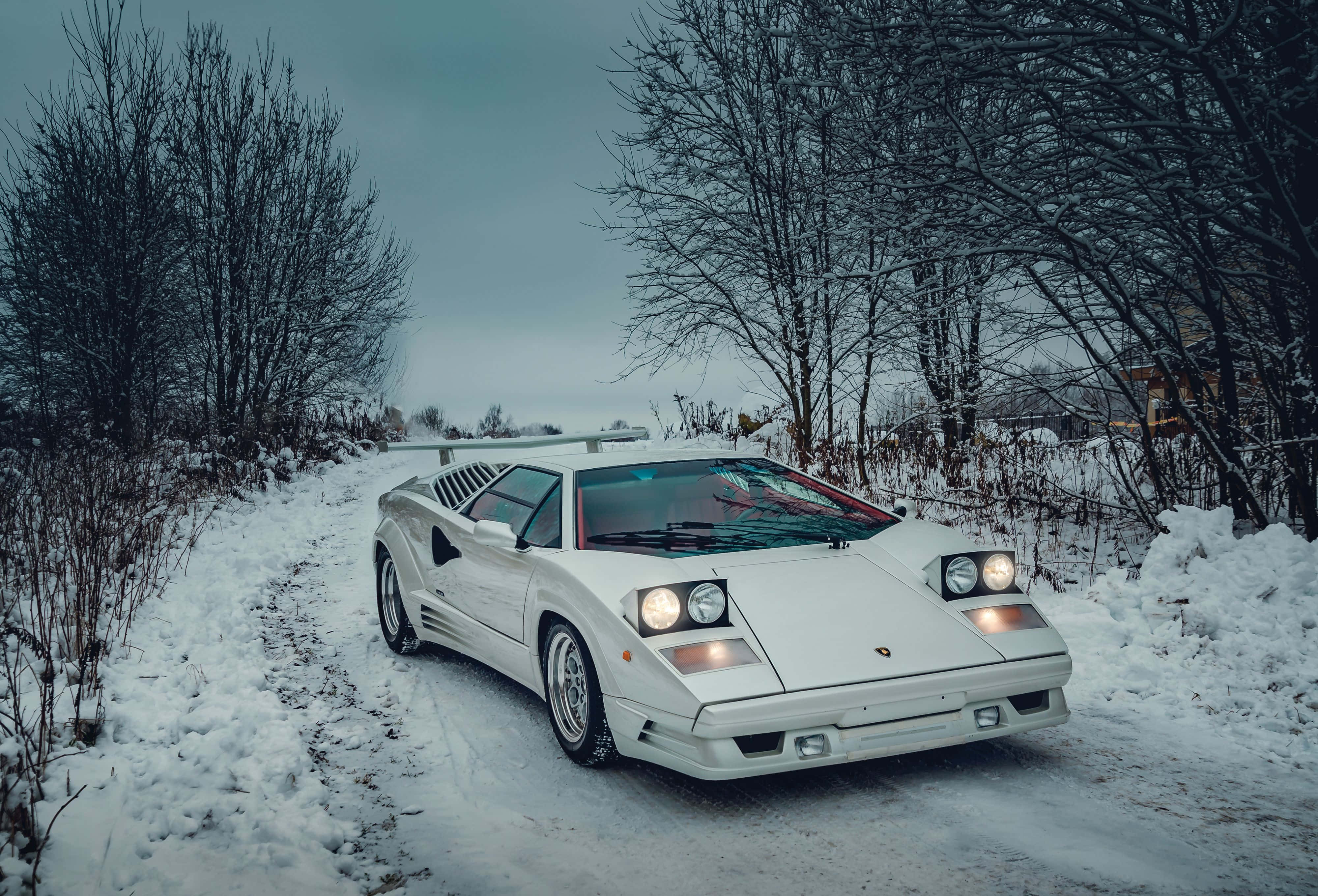 Lamborghini Countach 桌布 壁紙 — 一輛純白色的林寶堅尼Countach在陰天之下閃閃發光，停泊在一條被光禿禿的冬季樹木環繞的積雪鄉村道路上。