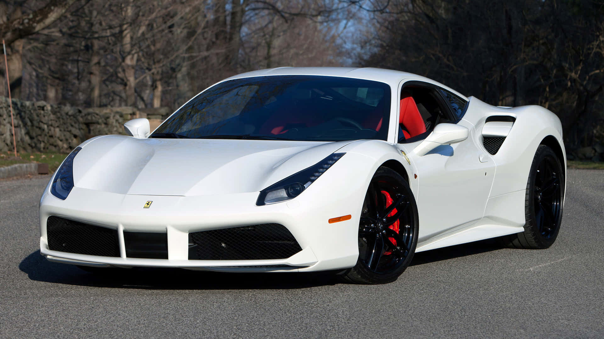 Ferrari 488 Spider 桌布 壁紙 — 一輛純白色的法拉利 488 停泊在瀝青路上，背景是光禿禿的樹木和石牆，天空晴朗。