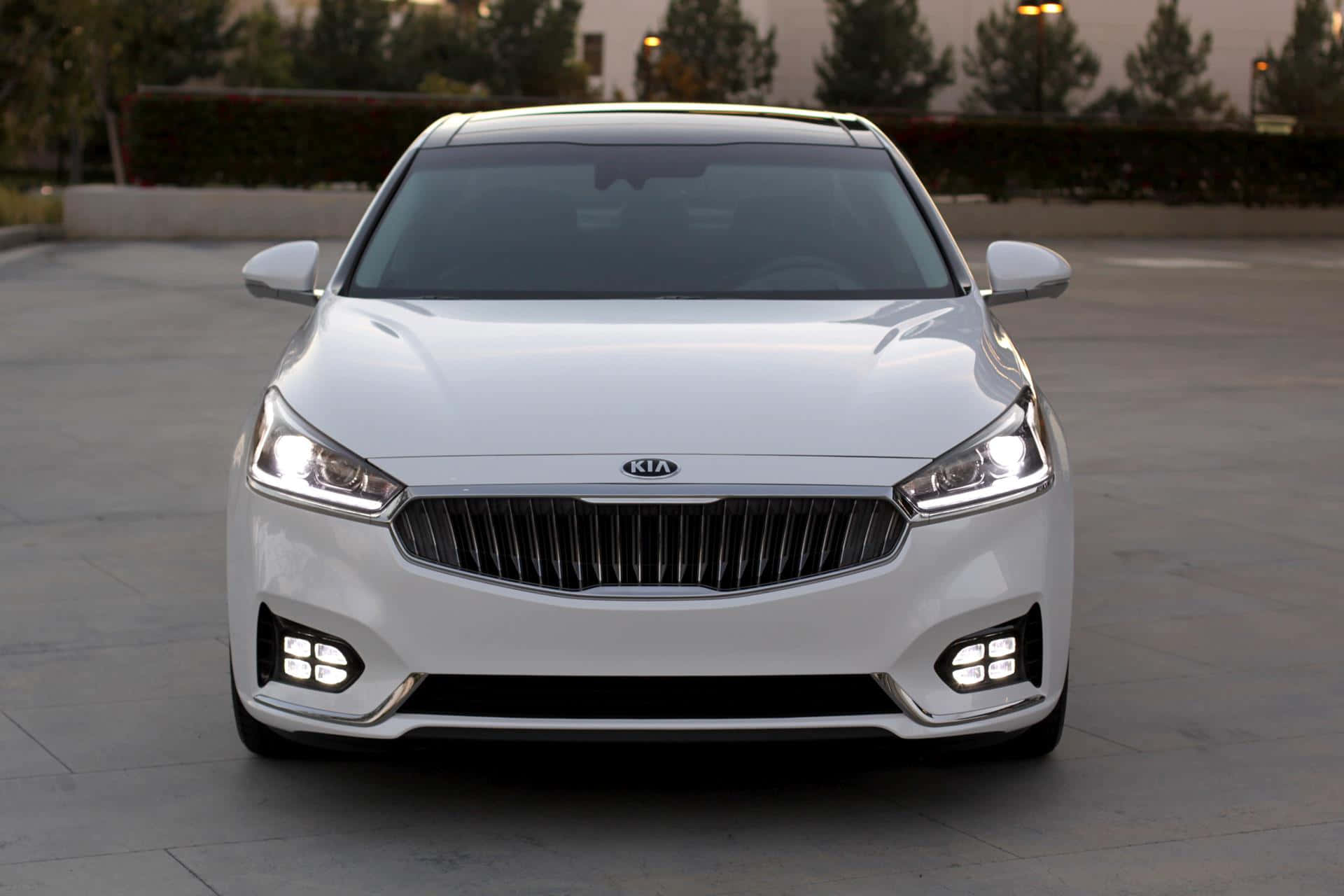 Kia Cadenza 桌布 壁紙 — 一輛純白色的Kia轎車在柔和暮色燈光下閃耀，現代化車頭燈亮起，停在乾淨的混凝土表面上。