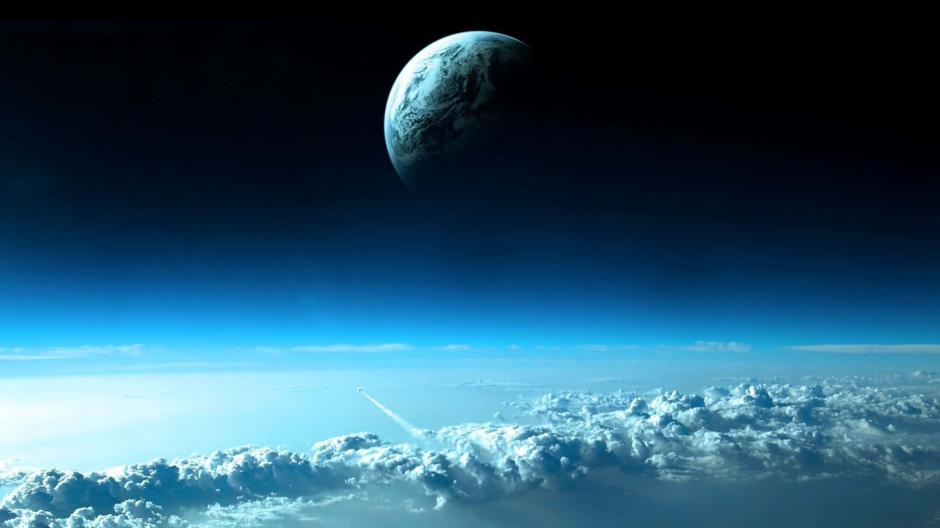 火箭穿過雲層升向太空中一顆遙遠的藍色星球。