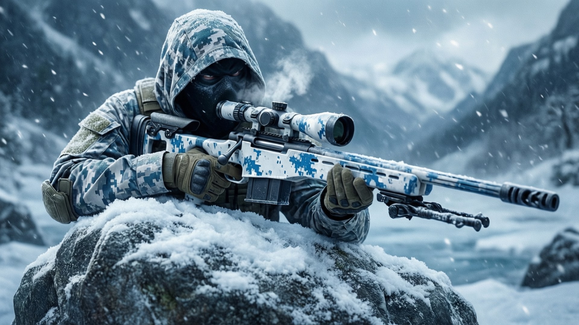 Ghost Mw2 桌布 壁紙 — 一名被雪覆蓋的士兵穿著迷彩裝備，在暴風雪中從岩石露頭瞄準狙擊步槍。