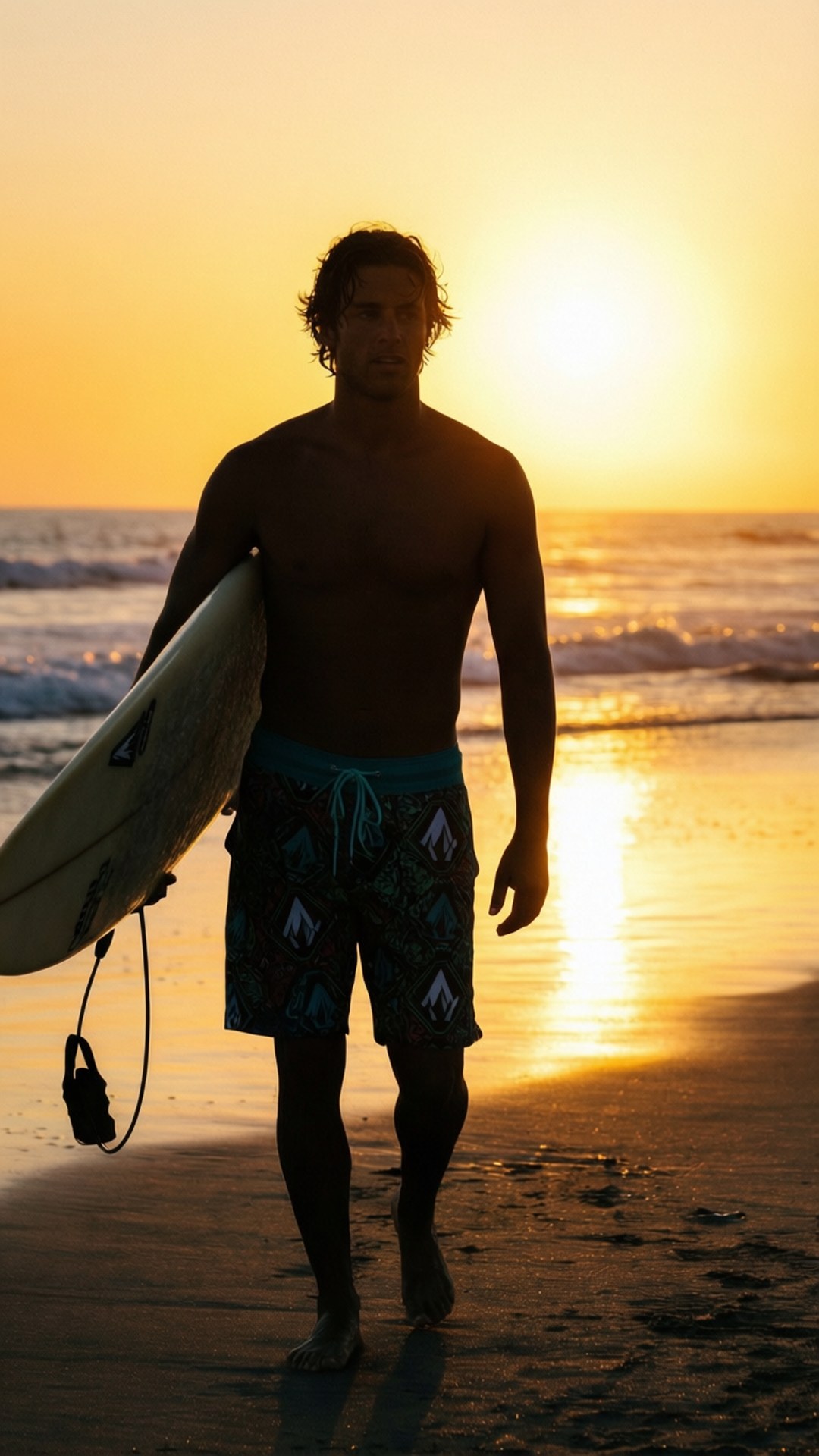 Surfer Silhouette 壁紙 — 一名衝浪者於日落時分沿著陽光明媚的海灘行走，背著他的衝浪板，身後是金色的海浪。