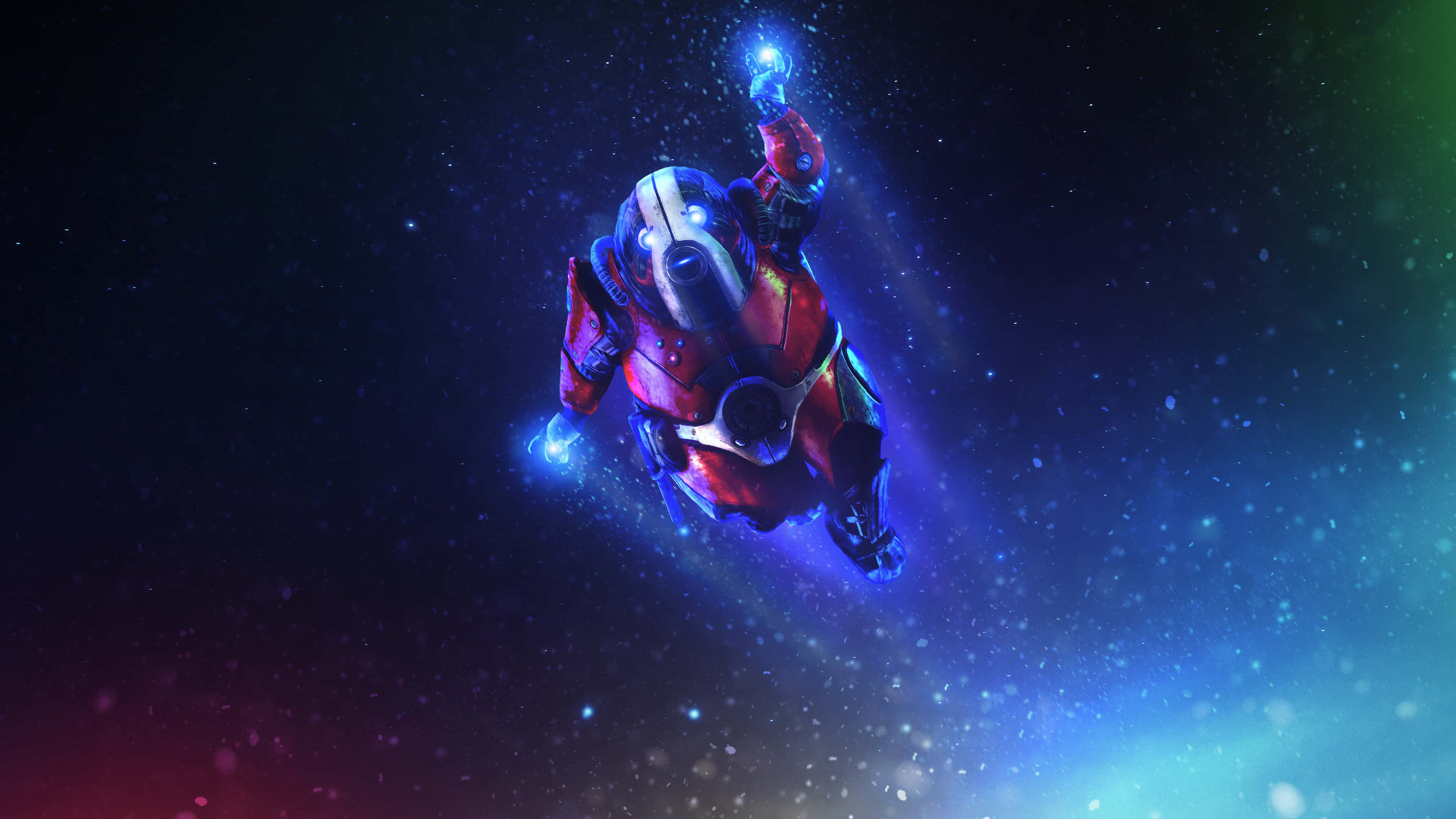 Mass Effect Andromeda 桌布 壁紙 — 一名身穿紅色裝甲的太空人在深空中漂浮，手持發光的藍色球體，背景是星場和宇宙色彩漸變。