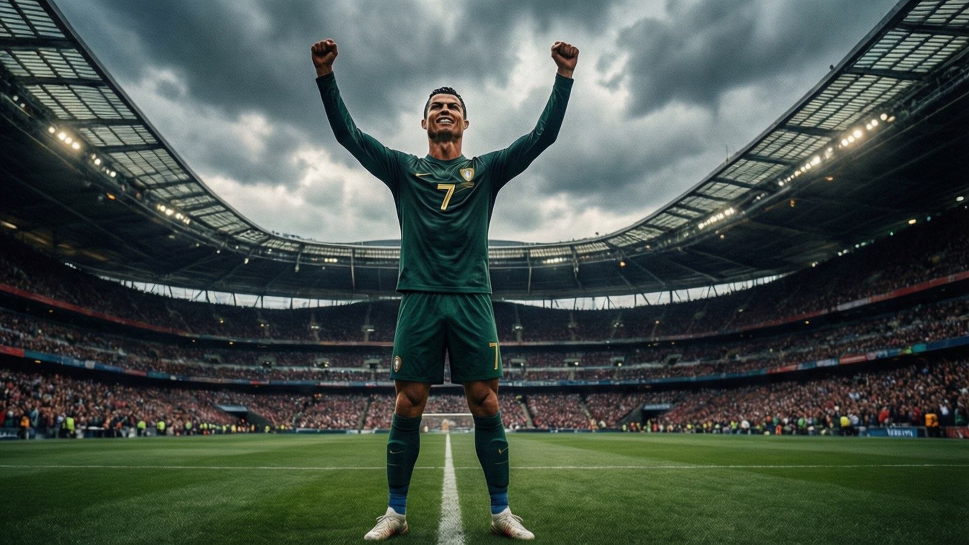 Ronaldo Motivation 桌布 壁紙 — 一名身穿綠色7號球衣的足球運動員在戲劇性的多雲天空下，在體育場球場上勝利地舉起拳頭。