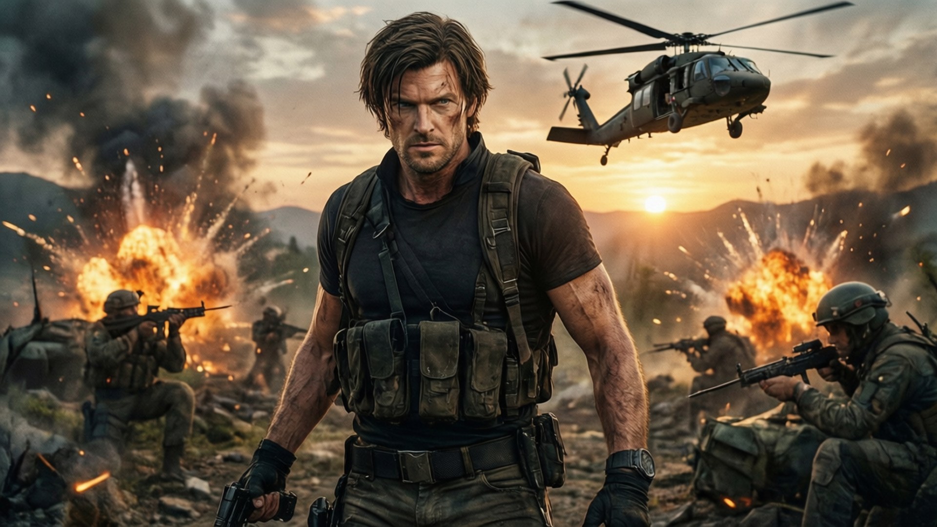 Resident Evil 8 桌布 壁紙 — 一名粗獷的士兵在戰場上挑釁地站立，爆炸四起，一架直升機在日落時分於頭頂盤旋。
