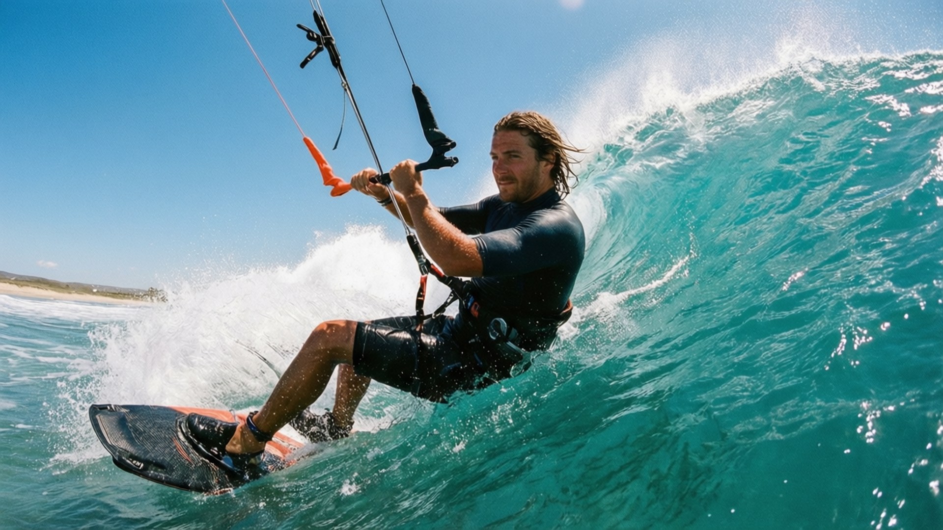 Kite Surf 桌布 壁紙 — 一名風箏衝浪者在晴朗的藍天下騎乘著碧綠色的海浪，周圍水花四濺。