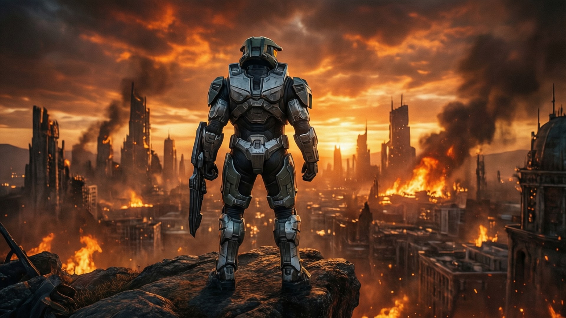 Halo Emile 桌布 壁紙 — 一名孤獨的裝甲士兵站在廢墟上，俯瞰著末日橙色天空下燃燒的城市景觀。