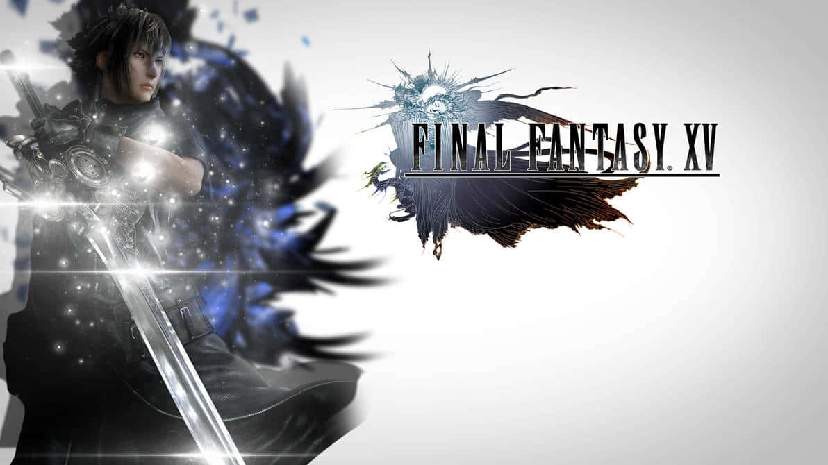  壁紙 — 一名黑髮戰士身穿盔甲，在 Final Fantasy XV 標誌旁揮舞發光劍，對抗星光藍色能量爆發。