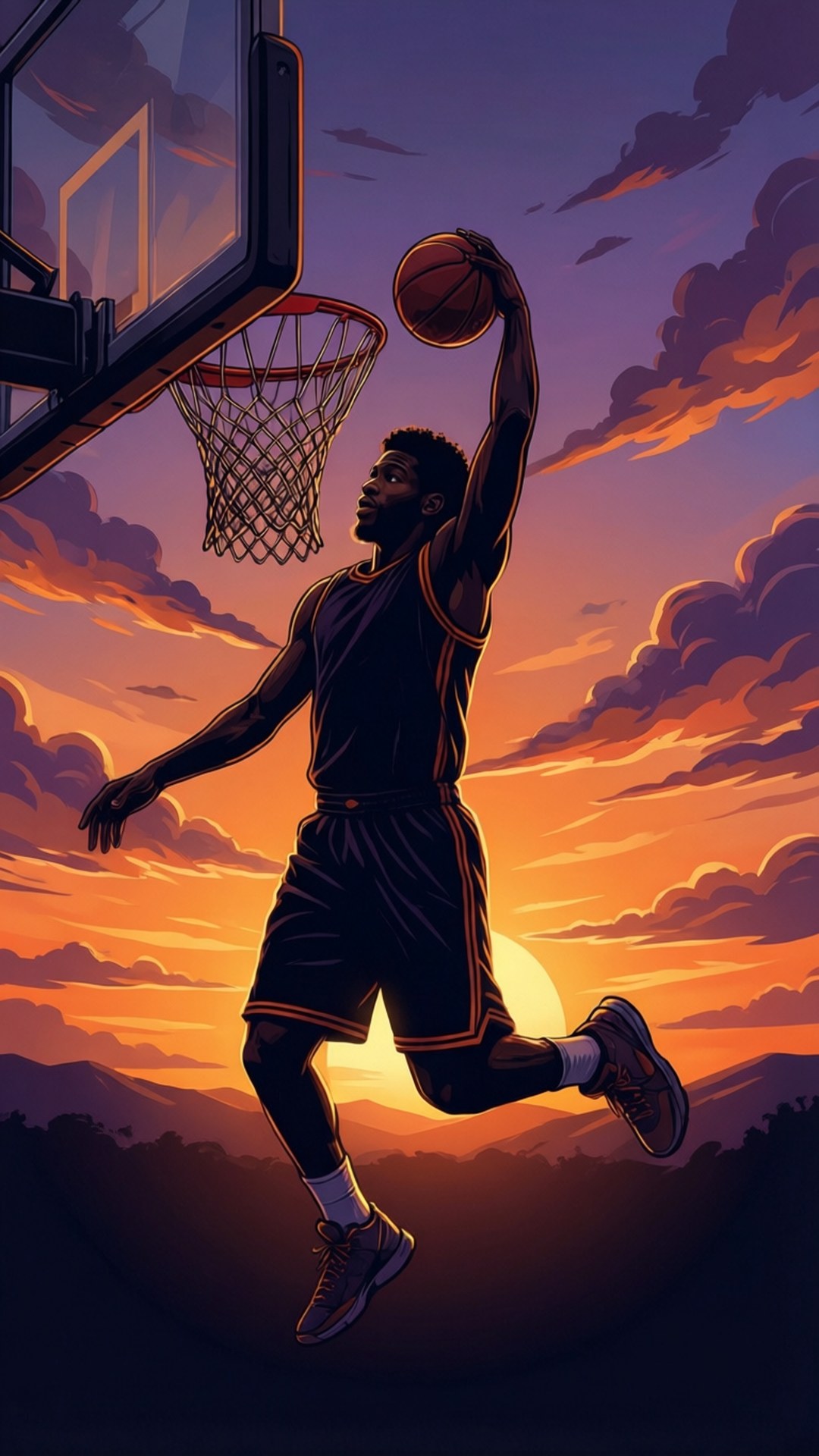Evan Mobley 桌布 壁紙 — 一名籃球運動員高高躍起，在充滿活力的日落天空（有橙色雲彩和遠山）中灌籃。