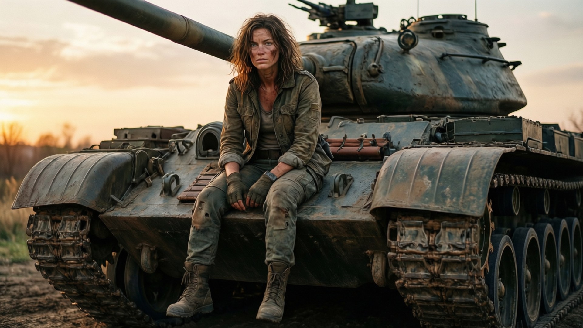 Wilhelmina Braunschweig Ingenohl Friedeburg 桌布 壁紙 — 一名疲憊的士兵坐在夕陽下塵土飛揚的田野中的生鏽坦克上，表情陰沉。