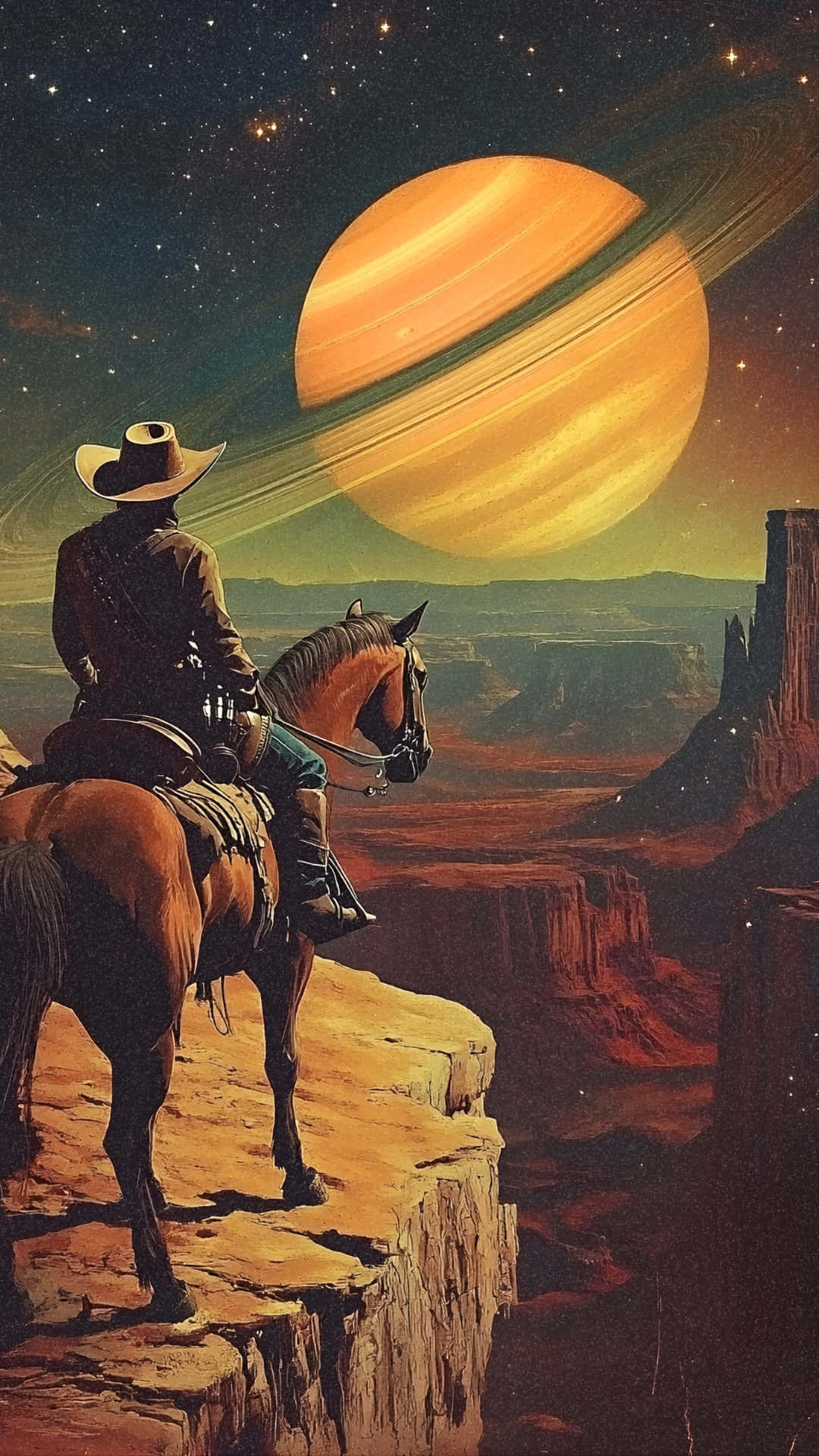  壁紙 — 一名騎馬的牛仔凝視著一顆巨大的環狀行星，在星空下照耀著沙漠峽谷。